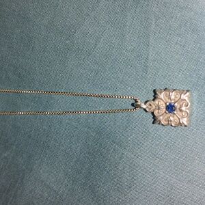 925 Brushed Silver Pendant With Sapphire Accent And Box Chain